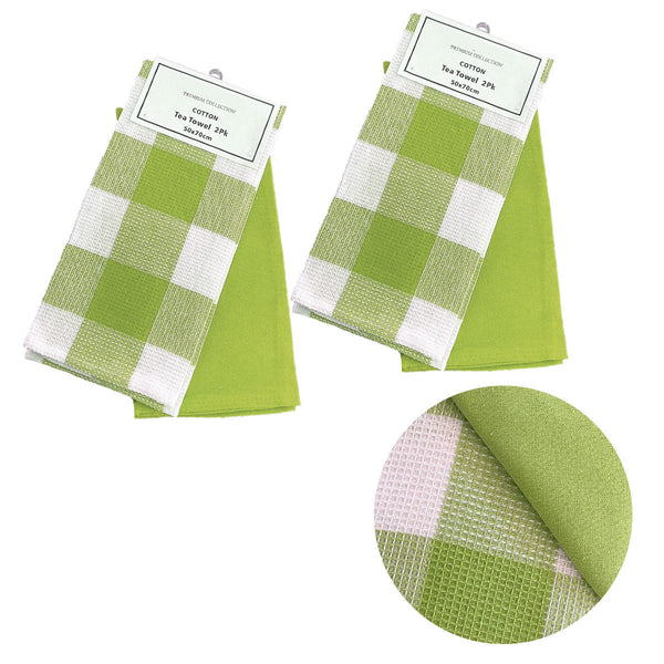 Set Of 4 Cotton Waffle Checkered & Plain Dyed Tea Towels 50Cm X 70Cm Tea Towels & Dishcloths