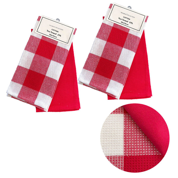 Set Of 4 Cotton Waffle Checkered & Plain Dyed Tea Towels 50Cm X 70Cm Tea Towels & Dishcloths