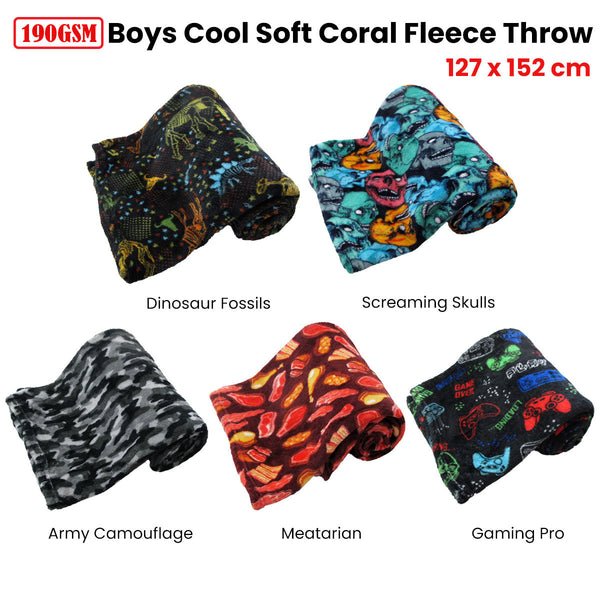 190Gsm Boys Cool Ultra Soft Coral Fleece Throw 127 X 152Cm Dinosaur Fossils Throws & Afghans