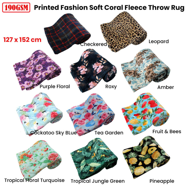 190Gsm Fashion Printed Ultra Soft Coral Fleece Throw 127 X 152Cm Floral Turquoise Throws & Afghans