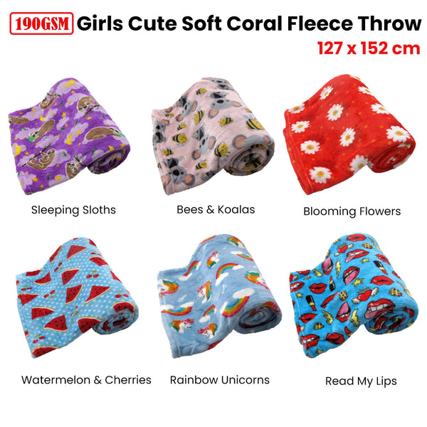 190Gsm Girls Cute Ultra Soft Coral Fleece Throw 127 X 152Cm Watermelon & Cherries Throws & Afghans