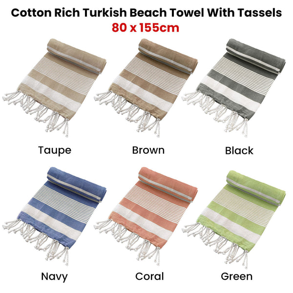 Cotton Rich Large Turkish Beach Towel With Tassels 80Cm X 155Cm Towels & Washcloths