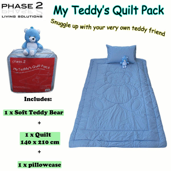 Phase 2 My Teddy's Quilt / Comforter Set With Toy Blue Single Single Bed Comforters