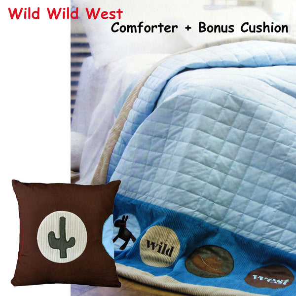 Happy Kids Wild West Blue Embroidered Comforter With Bonus Cushion Blankets