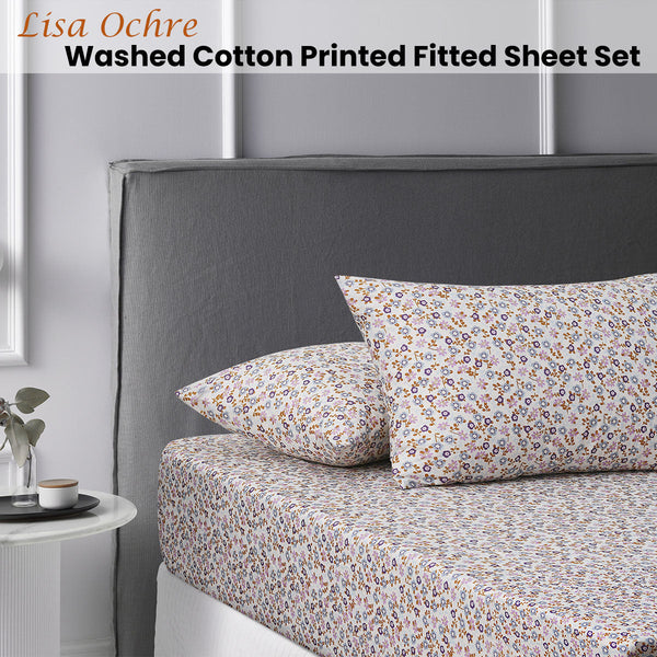 King Accessorize Lisa Washed Cotton Printed Fitted Sheet Set Sheets