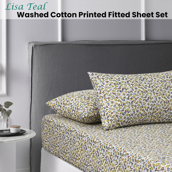 King Accessorize Lisa Washed Cotton Printed Fitted Sheet Set Sheets
