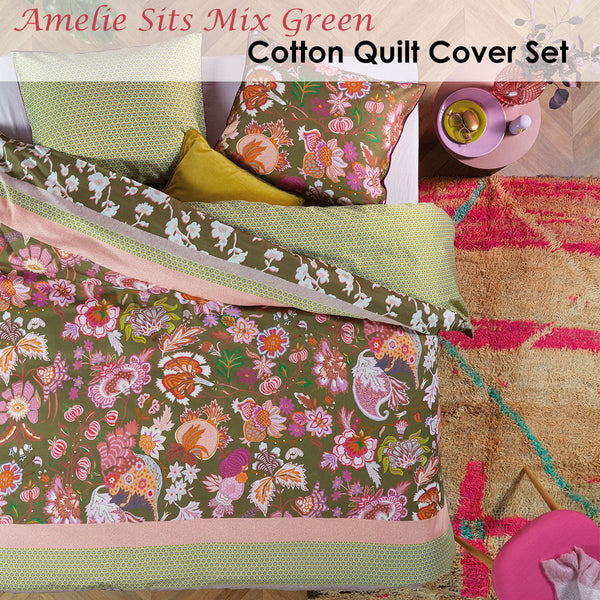 Oilily Amelie Sits Mix Green Cotton Sateen Quilt Cover Set Quilt Covers