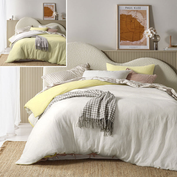 Design Homewares Hugo Reversible White Butter Cotton Gauze Quilt Cover Set Quilt Covers