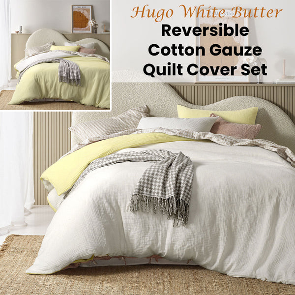 Design Homewares Hugo Reversible White Butter Cotton Gauze Quilt Cover Set Quilt Covers