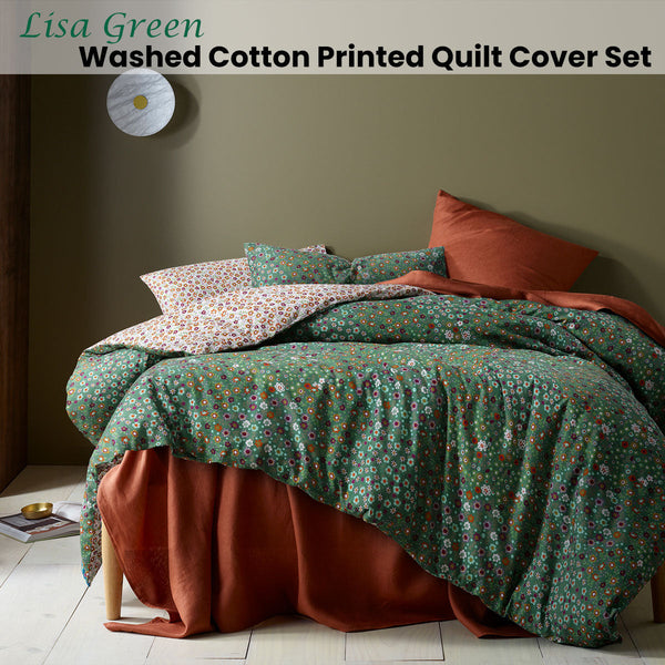 Accessorize Lisa Green Washed Cotton Printed Quilt Cover Set