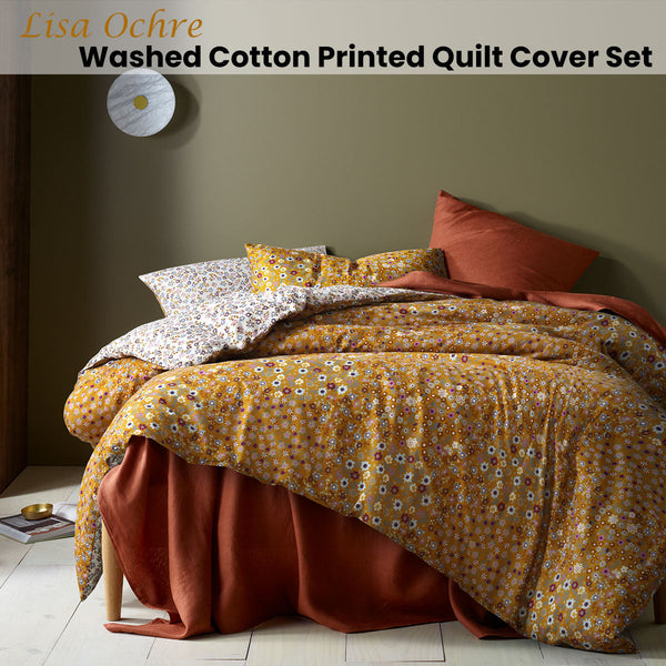 Accessorize Lisa Ochre Washed Cotton Printed Quilt Cover Set