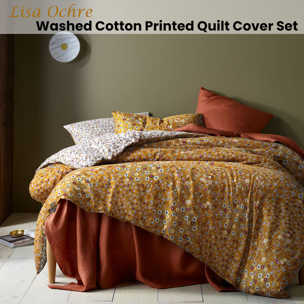 Accessorize Lisa Ochre Washed Cotton Printed Quilt Cover Set Quilt Covers