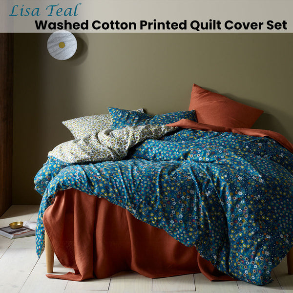 Accessorize Lisa Teal Washed Cotton Printed Quilt Cover Set Quilt Covers