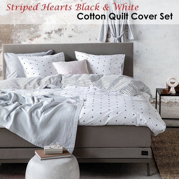 Vtwonen Striped Hearts Black & White Cotton Quilt Cover Set Quilt Covers