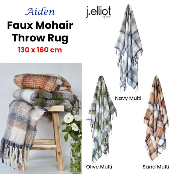 J Elliot Aiden Navy Multi Faux Mohair Throw Rug With Fringe 130 X 160Cm Throws & Afghans