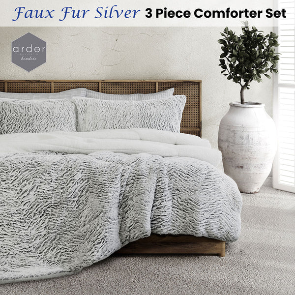 Ardor Faux Fur Silver 3 Piece Comforter Set Comforter Sets Queen
