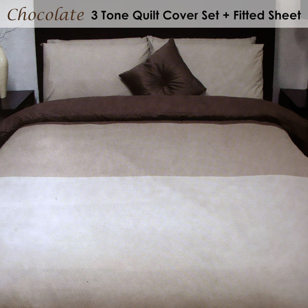 Essentially Home Living Chocolate 3 Tone Quilt Cover Set + Fitted Sheet Double Quilt Covers