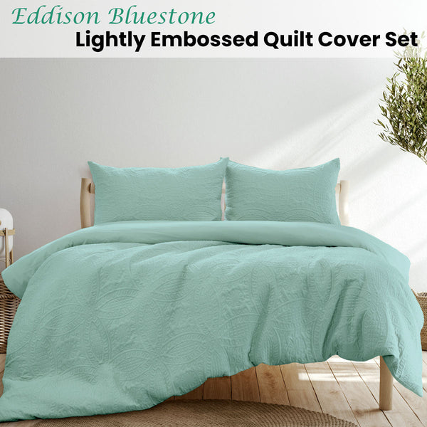 Ardor Eddison Bluestone Light Quilted Embossed Cover Set Queen Quilt Covers