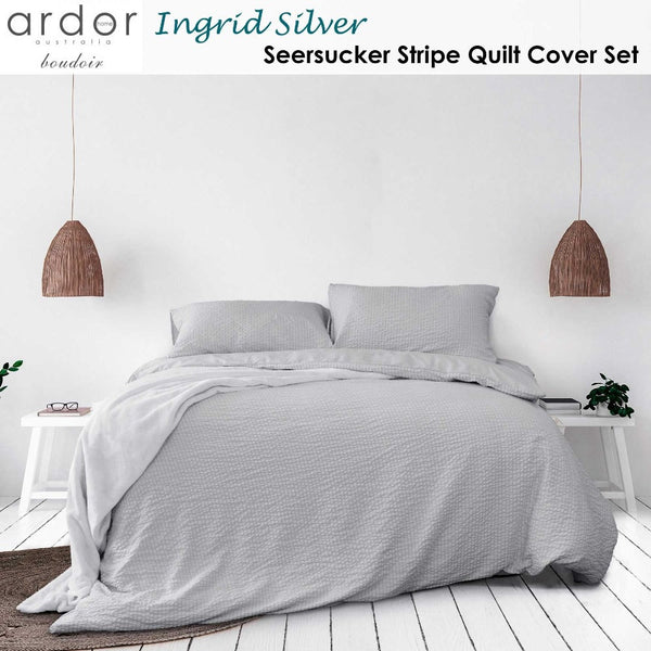 Ardor Ingrid Silver Seersucker Stripe Quilt Cover Set Quilt Covers
