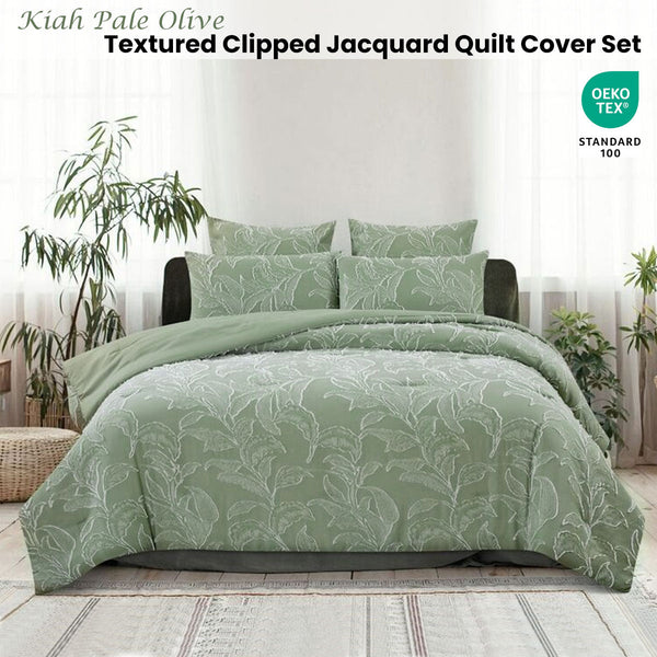 Ardor Kiah Pale Olive Textured Clipped Quilt Cover Set Queen Quilt Covers