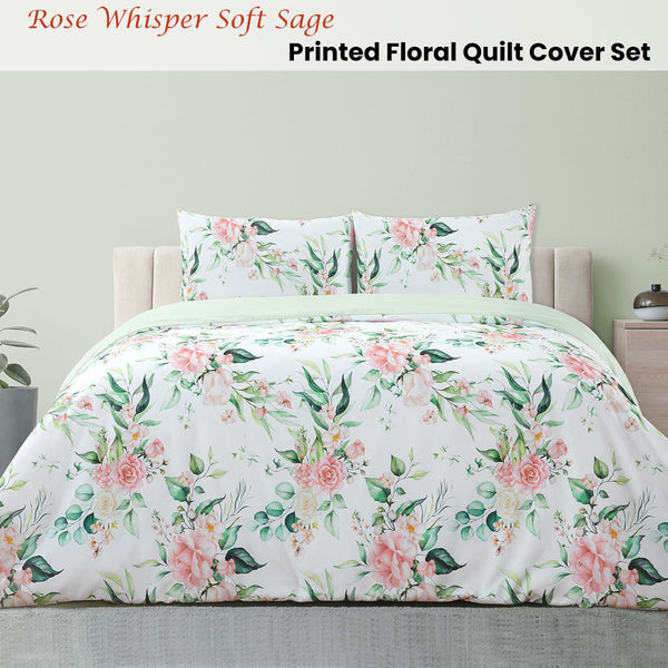 Ardor Rose Whisper Soft Sage Printed Floral Quilt Cover Set Quilt Covers