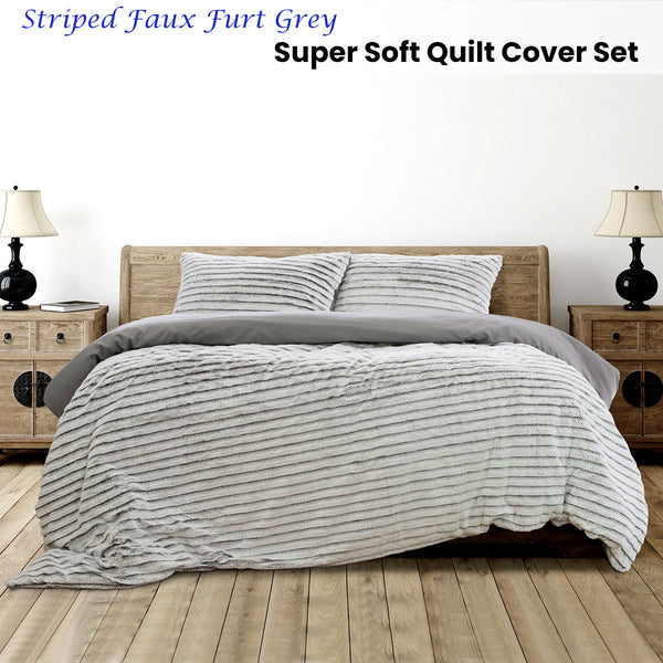Ardor Striped Faux Fur Grey Super Soft Quilt Cover Set Quilt Covers