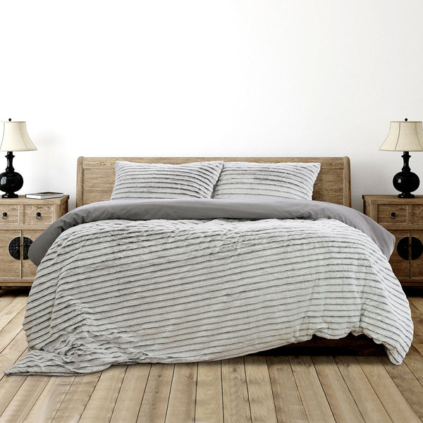 Ardor Striped Faux Fur Grey Super Soft Quilt Cover Set Queen Quilt Covers