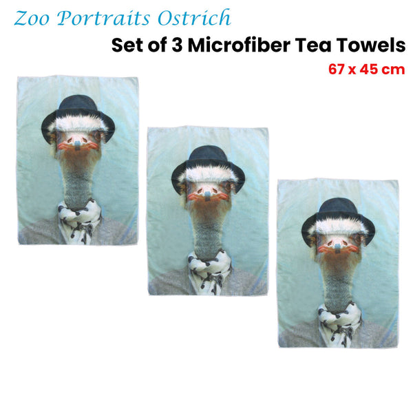 Set Of 3 Zoo Portraits Microfiber Tea Towels Ostrich 67 X 45 Cm Tea Towels & Dishcloths