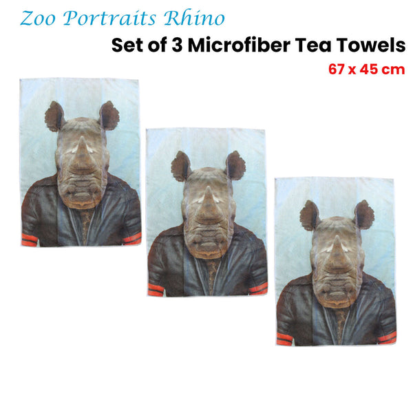 Set Of 3 Zoo Portraits Microfiber Tea Towels Rhino 67 X 45 Cm Tea Towels & Dishcloths