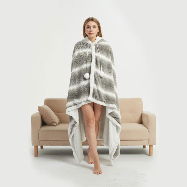 Ramesses Faux Fur Hooded Robe Grey White Stripe Blankets