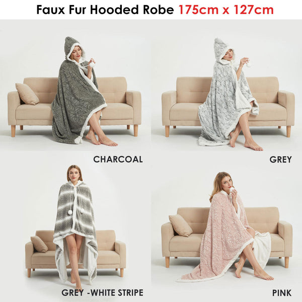 Ramesses Faux Fur Hooded Robe Grey White Stripe Blankets
