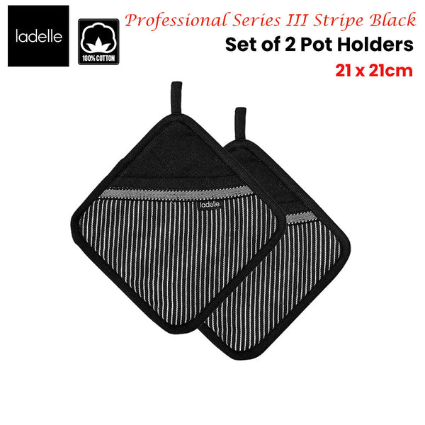 Ladelle Professional Series Stripe Black Set Of 2 Pot Holders 21 X Cm