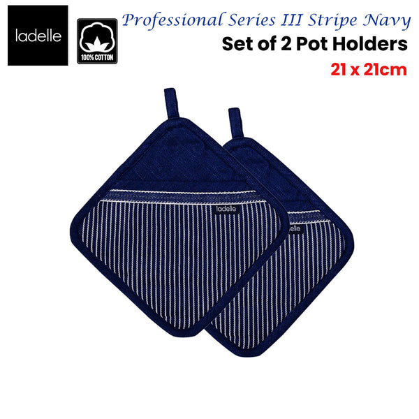Ladelle Professional Series Stripe Navy Set Of 2 Pot Holders 21 X Cm