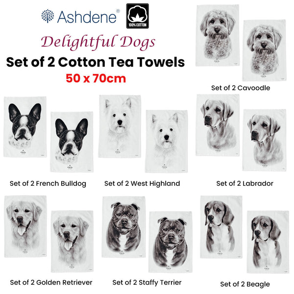 Set Of 2 Delightful Dogs Cotton Kitchen Tea Towels 50 X 70 Cm Labrador Tea Towels & Dishcloths