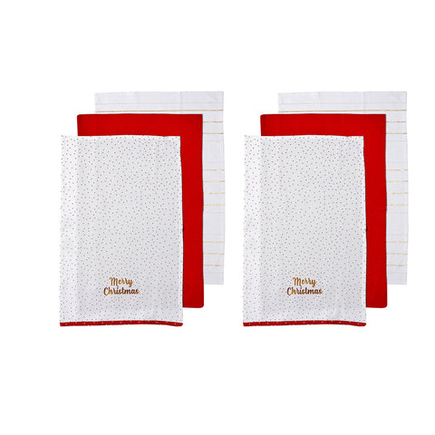 Ladelle Joyful Merry Christmas Set Of 6 Cotton Kitchen Towels Red
