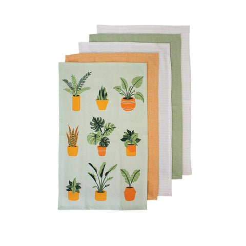 Ladelle Set Of 5 Plant Life Cotton Kitchen Tea Towels 50 X 70 Cm Green
