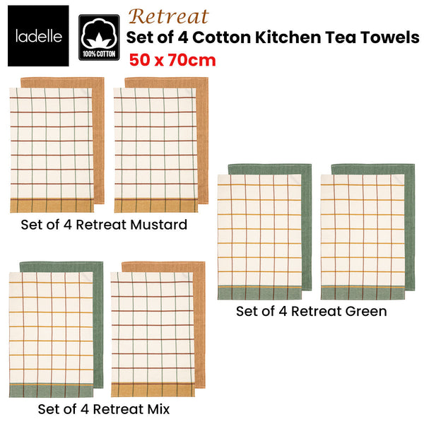 Ladelle Set Of 4 Retreat Cotton Kitchen Tea Towels 50 X 70 Cm
