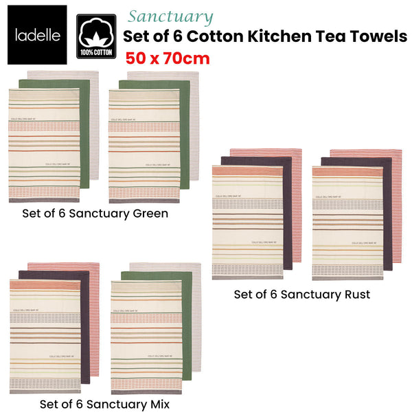 Ladelle Set Of 6 Sanctuary Cotton Kitchen Tea Towels 50 X 70 Cm