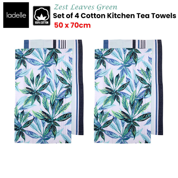 Ladelle Set Of 4 Zest Leaves Green Cotton Kitchen Tea Towels 50 X 70 Cm