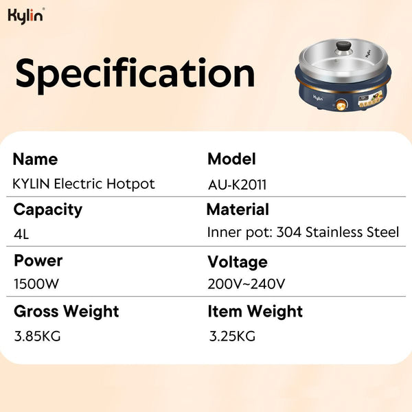 Kylin Electric 1500W Hotpot With Stainless Steel Inner Pot 4L Au K2011 Slow Cookers