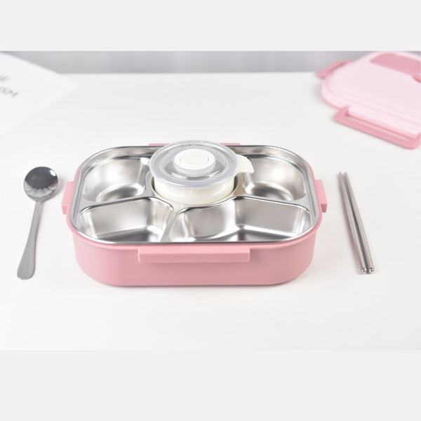Kylin 304 Stainless Steel 5 Divided Smile Small Lunch Box With Soup Pot - Pink