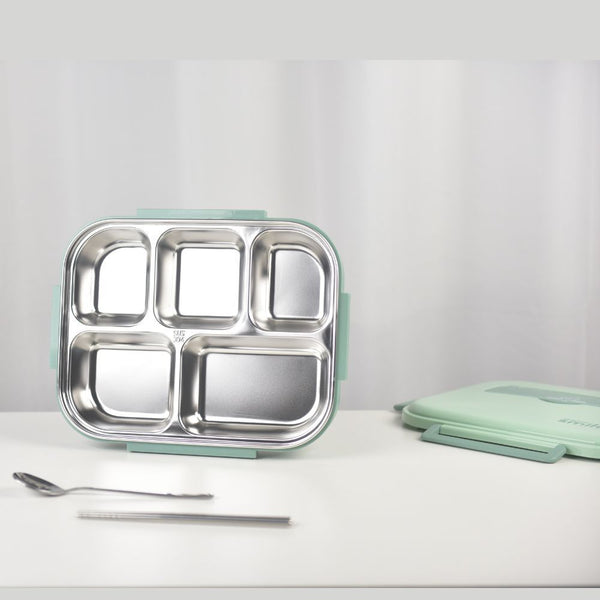 Kylin 304 Stainless Steel 5 Divided Smile Large Lunch Box With Soup Pot - Green