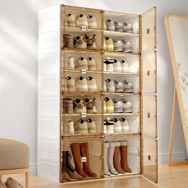 Kylin Cubes Storage Folding Shoe Cabinet With 2 Column & 7 Grids 4 Brown Door Shoe Cabinets