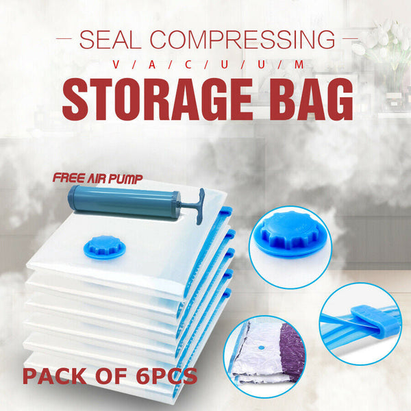 6 Pcs Set Vacuum Space Saver Seal Compressing Various Size With Air Pump Storage Bags