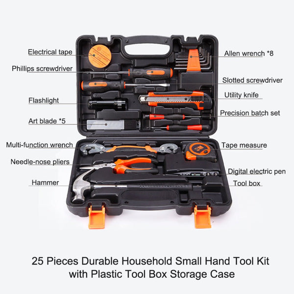 25Pcs Household Hand Tools Set Kit Box With Hard Storage Case Home Supplies