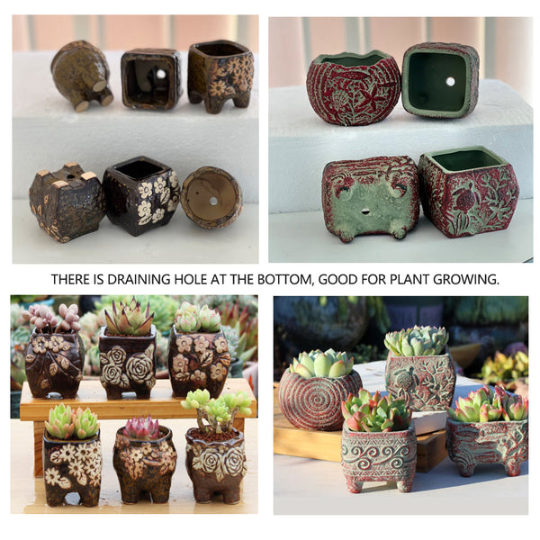 4/5/6 Pots Set Ceramic Clay Pottery Succulent Flower Planter Draining Hole(Style 04# Set)
