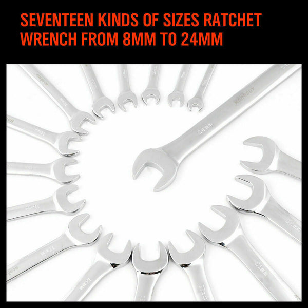 17Pc Ratchet Spanner Set Metric Combination Wrenches Open End Ring Cr-V 8-24Mm