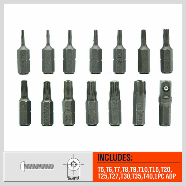 14Pc Torx Key Bit Set Tamper Proof Star Wrench Bits T5 T40 Socket Adapter S2 New Screwdrivers & Nutdrivers