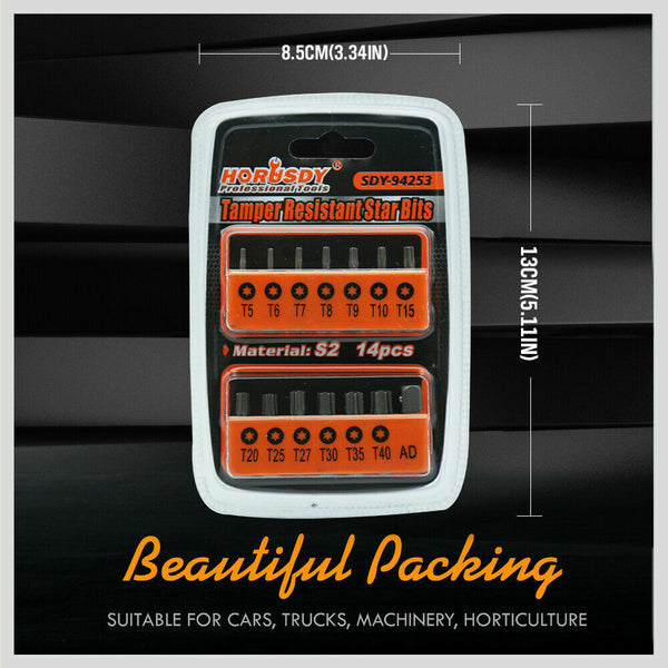 14Pc Torx Key Bit Set Tamper Proof Star Wrench Bits T5 T40 Socket Adapter S2 New Screwdrivers & Nutdrivers