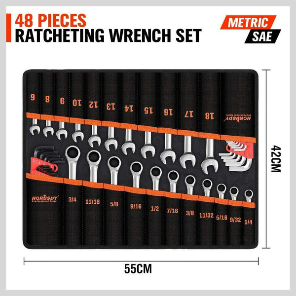 48-Piece Ratchet Wrench Set With Rolling Pouch Metric Sae Allen Key & Hex Spanner Kit